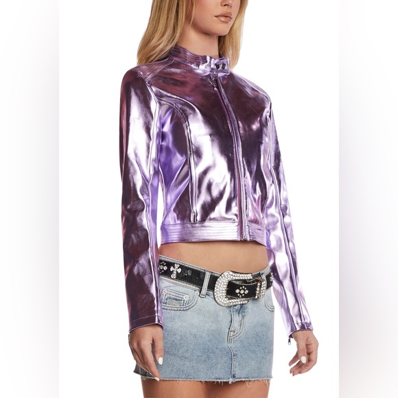 NWT Dolls Kill Generation KISS DRAMA MOTO JACKET Metallic Vegan Leather Pink Med - Picture 6 of 13